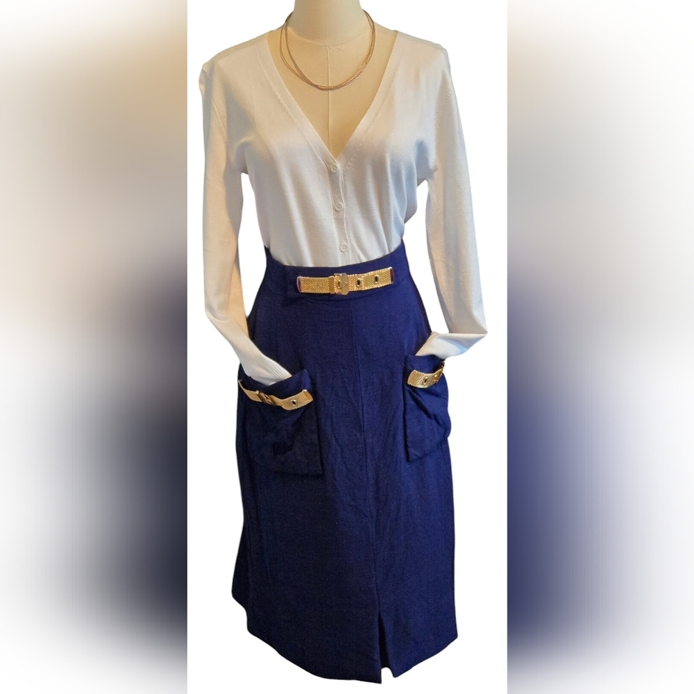 💝Vintage 50/60s Joseph Stein By Murial Reade Blue Pencil Skirt w/ Gold Accents